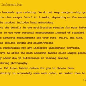 May include: Yellow background with text detailing handmade garment ordering, production time (2-4 weeks), and measurement instructions. It also mentions fabric color variations and over 150 linen fabric colors. The text is from Calmo.