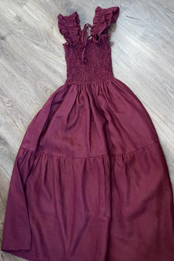 Handmade Smocked Linen Midi Dress: Ruffle Straps, Cottagecore Summer Clothing