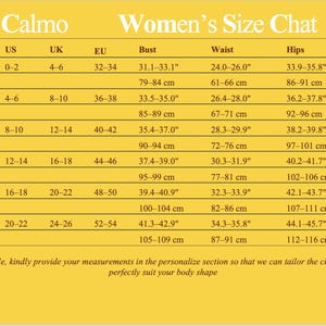 May include: A size chart for women's clothing, with measurements in inches and centimeters. The chart includes sizes XS to XXL, listing US, UK, and EU sizes, along with bust, waist, and hip measurements. The brand name "Calmo" is at the top.