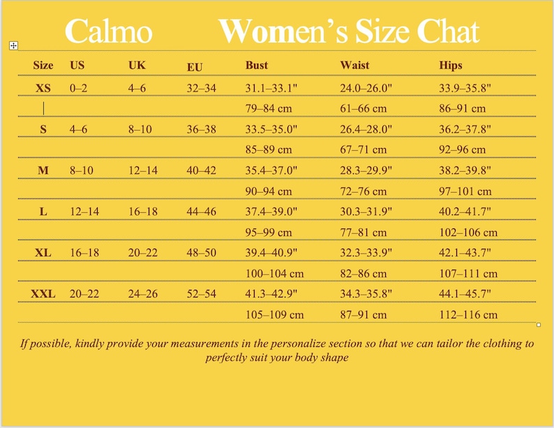 May include: A size chart for women's clothing, with measurements in inches and centimeters. The chart includes sizes XS to XXL, listing US, UK, and EU sizes, along with bust, waist, and hip measurements. The brand name "Calmo" is at the top.