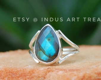 Blue Labradorite Pear Cut Ring, 925 Sterling Silver Jewelry, Handmade Jewelry, Gift For Her,