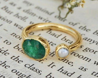 Emerald and Pearl Ring, Gold Plated Silver Ring, 925 Sterling Silver Ring, Ruby and Pearl Ring