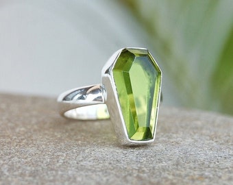 Peridot Coffin Shape Ring, 925 Sterling Silver Jewelry, Handmade Jewelry, Gift For Her,