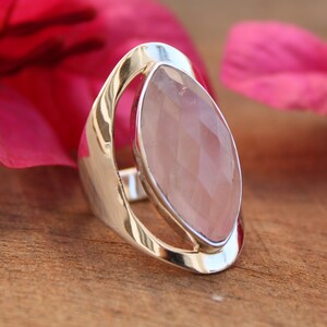 Rose Quartz Ring, 925 Sterling Silver Ring, Pink Gemstone Ring, Daily Wear Ring, Wide band Ring, Gift Ring for Her, Marquise shape Ring