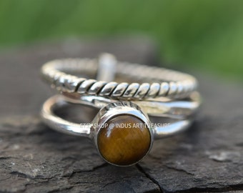 Tiger Eye Stacking Ring Set, 925 Sterling Silver Jewelry, Handmade Jewelry, Gift For Her,