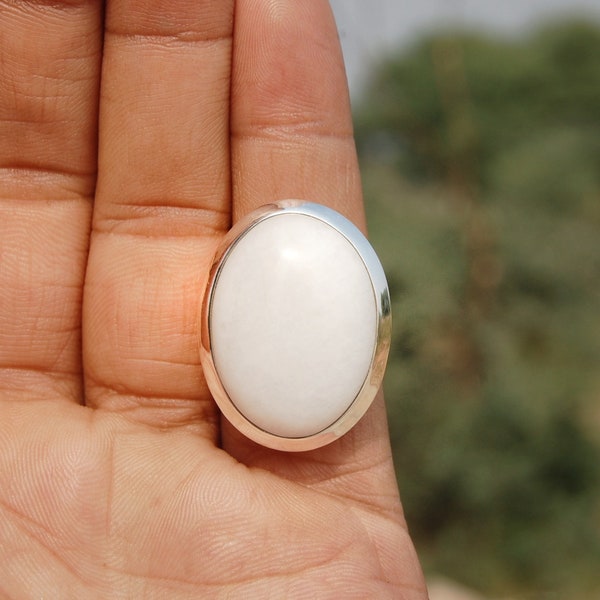 White Agate Ring, 925 Sterling Silver Ring, Handmade Ring, White Quartz Ring, Big Statement Ring, Pure White Stone Ring, Gift Ring for Mom