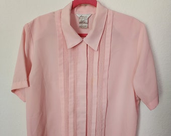 80's Silky Blouse Peachy Pink Short Sleeve w/ Pleated Details