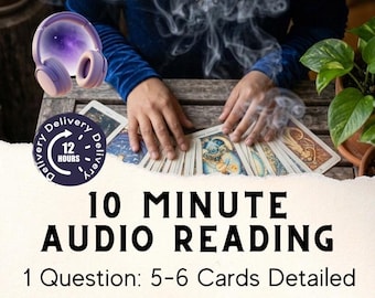 May include: An image advertising a 10-minute audio tarot reading. The image shows tarot cards, headphones, and the text "10 MINUTE AUDIO READING". The text also states "1 Question: 5-6 Cards Detailed" and "Unfiltered Psychic Reading Delivered within 12 hours."