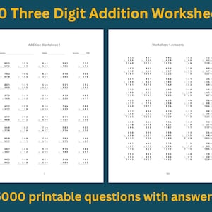 Three Digit Addition Worksheets: 100 Printable Pages with Answers | Addition math drills, triple digit numbers 100 to 999 | Instant Download
