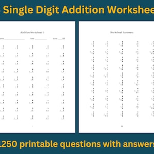 Addition Worksheet, Single Digit: 25 Printable Pages with Answers | Addition math drills with numbers 0 to 9 | Instant Download