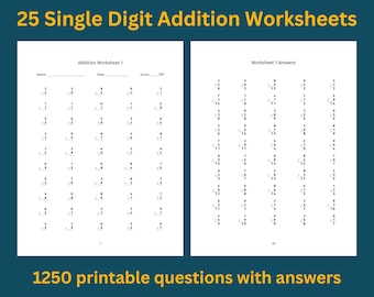 Addition Worksheet, Single Digit: 25 Printable Pages with Answers | Addition math drills with numbers 0 to 9 | Instant Download