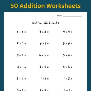 Addition Worksheet Problems, Single Digit Horizontal: 50 Printable Pages with Answers | Single Digit Addition Math Drills | Instant Download
