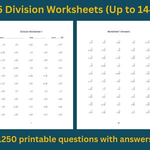 Arbeitsblatt zum Dividieren: 25 druckbare Übungsblätter mit Lösungen | Abteilungsbohrer mit Teiler bis 12, Dividend bis 144 | Sofortiger Download