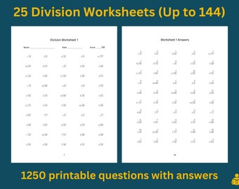 Division Worksheets: 25 Printable Practice Sheets with Answers | Division drills with divisors up to 12, dividends to 144 | Instant download