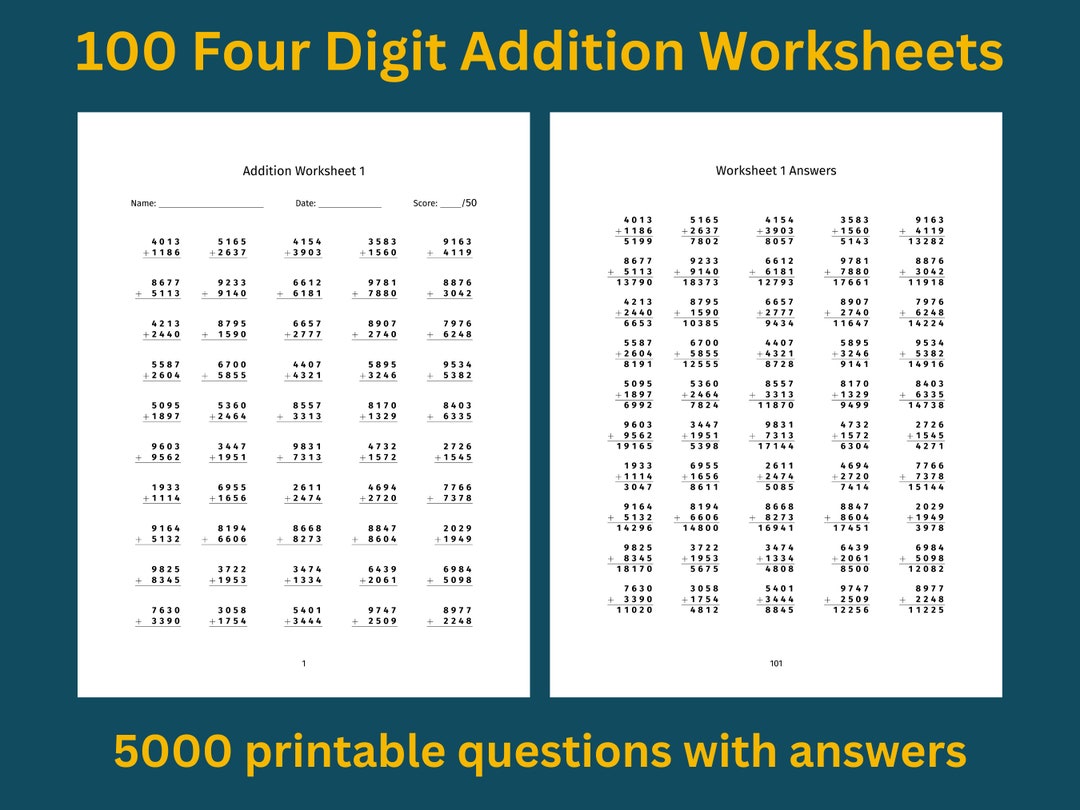 Four Digit Addition Worksheets: 100 Printable Pages With Answers