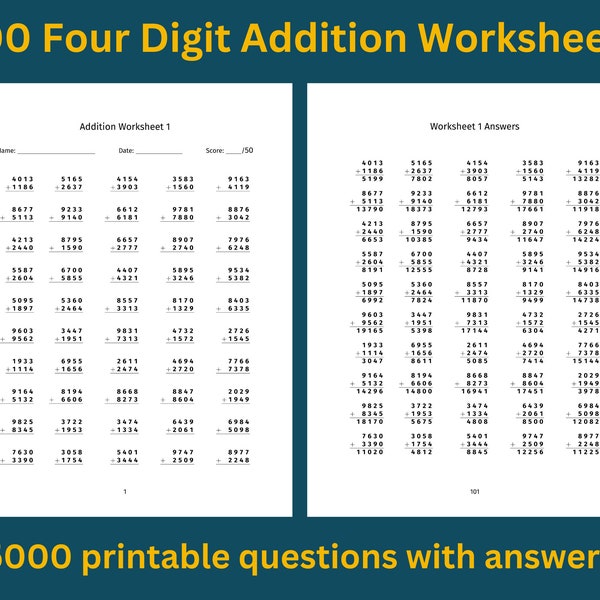 Four Digit Addition Worksheets: 100 Printable Pages with Answers | Addition math drills with numbers 1000 to 9999 | Instant Download