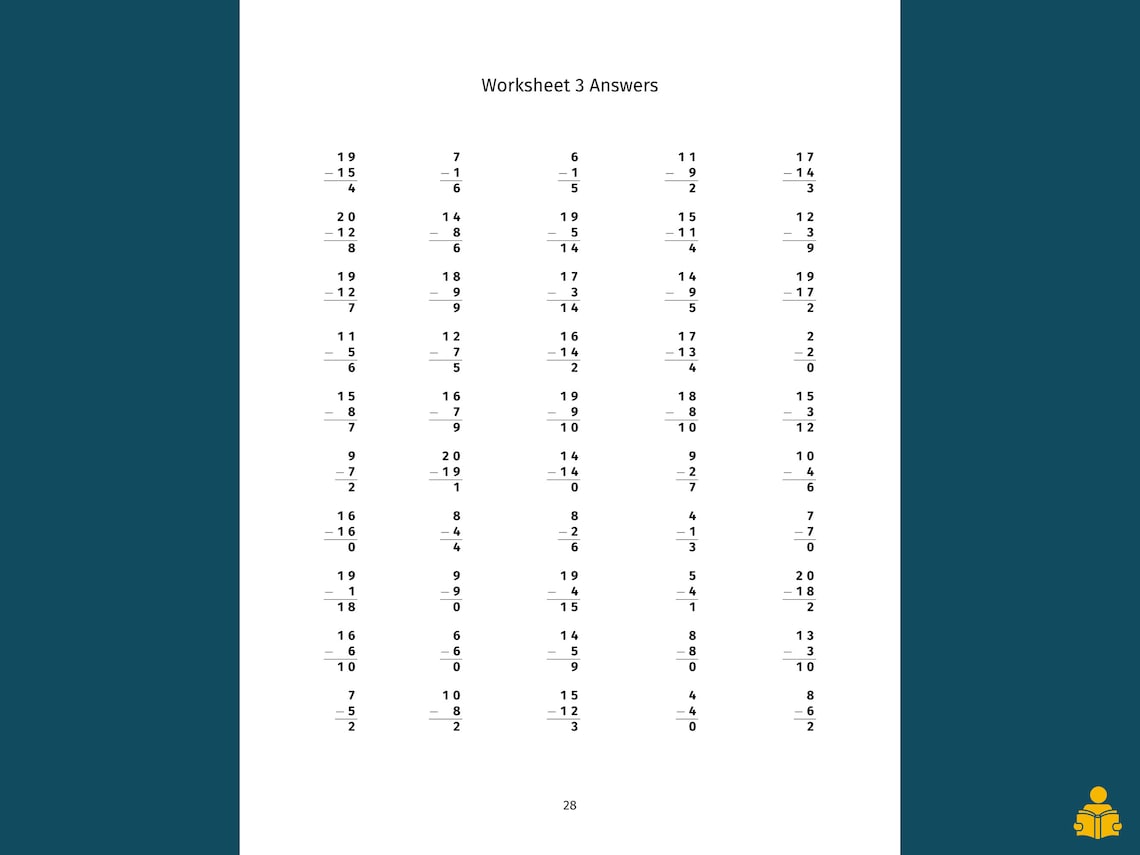 Subtraction Worksheet, Digits up to 20: 25 Printable Pages With Answers ...
