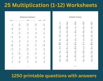 Multiplication Worksheets: 25 Printable Practice Sheets with Answers | Math drills with Numbers 1 to 12, up to 144 | Instant download