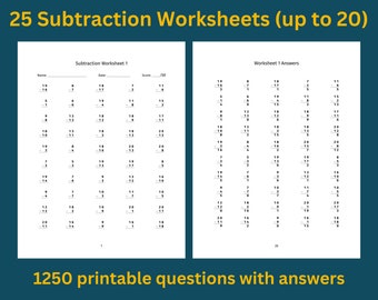 Subtraction Worksheet, Digits Up to 20: 25 Printable Pages with Answers | Subtraction math drills with numbers up to 20 | Instant Download