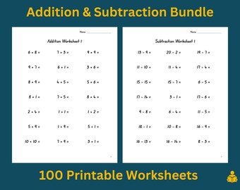 Może przedstawiać: Czarno-biały pakiet drukowanych arkuszy ćwiczeń do dodawania i odejmowania. Arkusze ćwiczeń są zatytułowane "Addition Worksheet I" i "Subtraction Worksheet I". Arkusze ćwiczeń zawierają zadania matematyczne do rozwiązania dla dzieci. Pakiet zawiera 100 drukowanych arkuszy ćwiczeń.