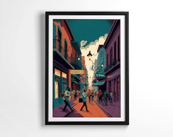 New Orleans Bourbon Street illustratie Wall Art NOLA Jazz afdrukbare digitale download