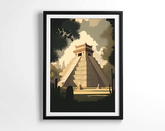 Chichen Itza Mexico Mayan Pyramids Illustration Wall Art Wonder of the World PRINTABLE Digital Download