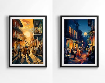 New Orleans Day & Night Bundle - Bourbon Street Illustratie Wall Art NOLA Jazz PRINTBARE Digitale Download