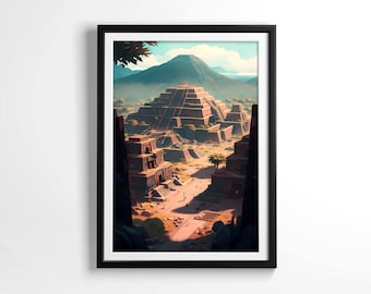 Teotihuacan Mexico Illustration Wall Art Mesoamerica Pyramids PRINTABLE Digital Download