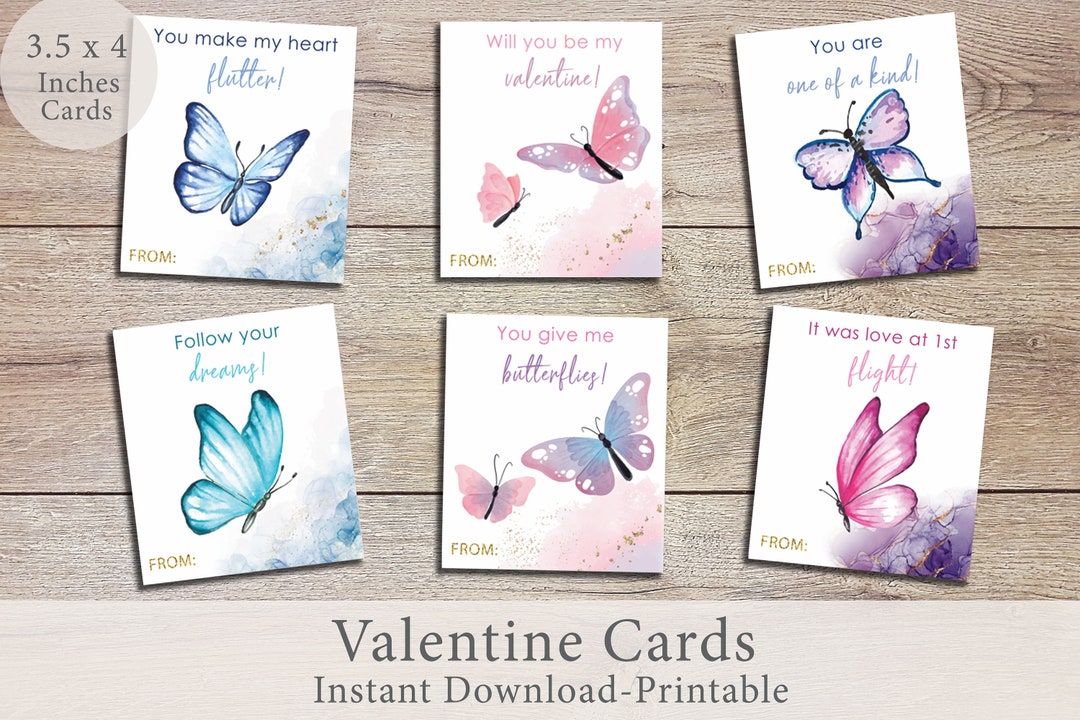 Printable Butterfly Valentine Cards Butterfly Valentines Day Cards Kids Valentine Day Cards Etsy