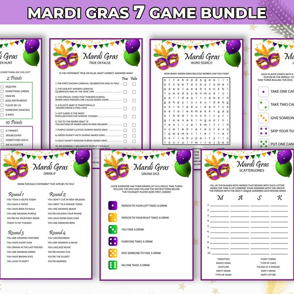 7  Mardi Gras Game Bundle, Party Games and Activities, Mardi Gras party game, Mardi Gras, party games, Family games, Mardi Gras Games, Mask