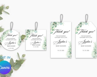 Etiquetas de baby shower de eucalipto, etiquetas de agradecimiento, etiquetas de favor, etiquetas de baby shower, etiquetas de favor de baby shower editables, etiquetas de baby shower de vegetación