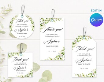 Etiquetas de baby shower de eucalipto, etiquetas de agradecimiento, etiquetas de favor, etiquetas de baby shower, etiquetas de favor de baby shower editables, etiquetas de baby shower de vegetación