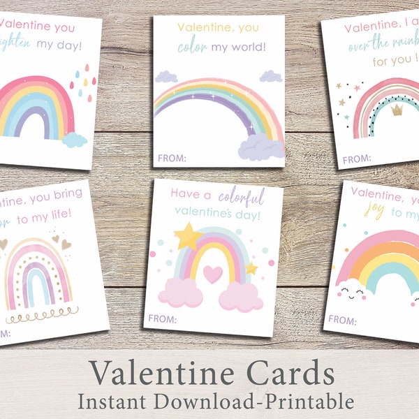 Printable Rainbow Valentine Cards, Rainbow Valentines Day Cards, Kids Valentine Day Cards, valentine Rainbow Card, Instant Download