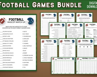 Puede incluir: Un paquete de juegos de fútbol imprimibles descargable digitalmente. Los juegos incluyen un juego de coincidencia de mascotas, un juego de palabras revueltas, un juego de trivia, un juego de "esto o aquello", un juego de scattergories y dos juegos de cuadrados de fútbol. Los juegos están diseñados en un esquema de color verde, blanco y azul con gráficos de temática futbolística.