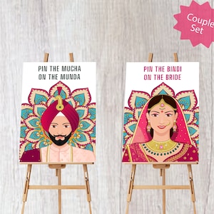 May include: A set of two printable game boards for a wedding or engagement party. The boards feature illustrations of a bride and groom in traditional Indian attire. The text on the boards reads "Pin the Mucha on the Munda" and "Pin the Bindi on the Bride".