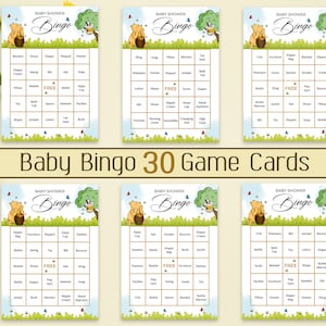 Baby Bingo Karten, Honig liebender Bär Baby Shower Bingo Set, 30 vorausgefüllte Baby Bingokarten, Baby Shower Bingo Spielkarte, druckbare Bingokarte