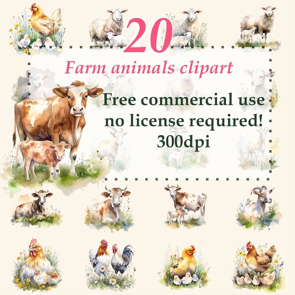 20 Farm animals Clip Art. Digital watercolor. 300 dpi Sublimation Bundle. Commercial use. Watercolor. PNG files. Transparent background.