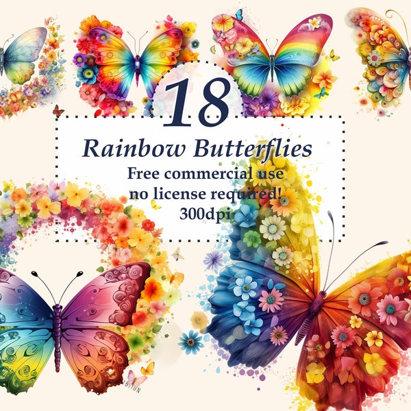 Butterfly Clip Art. Rainbow flowers Digital watercolor. Sublimation Bundle. Free commercial use. PNG files. Transparent background.