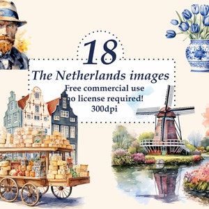 Amsterdam images. Netherlands - Holland Watercolor Clipart, Travel clipart.  Digital download. PNG files. Transparent background.