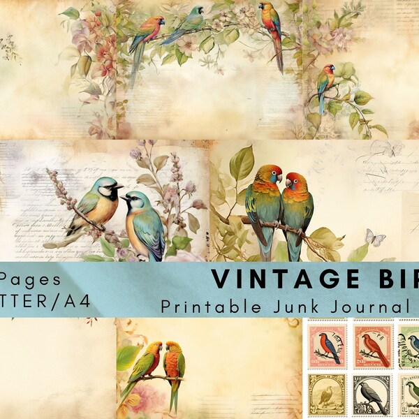 Vintage Birds Junk Journal Kit, printable pages, scrapbooking pages, 10 foldable pages and cuttables.