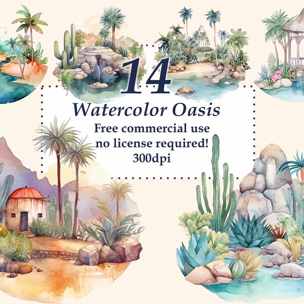 14 Oasis Clip Art. Desert paradise clipart. Watercolor png bundle, Free commercial use. Printable. separate files on transparent background.