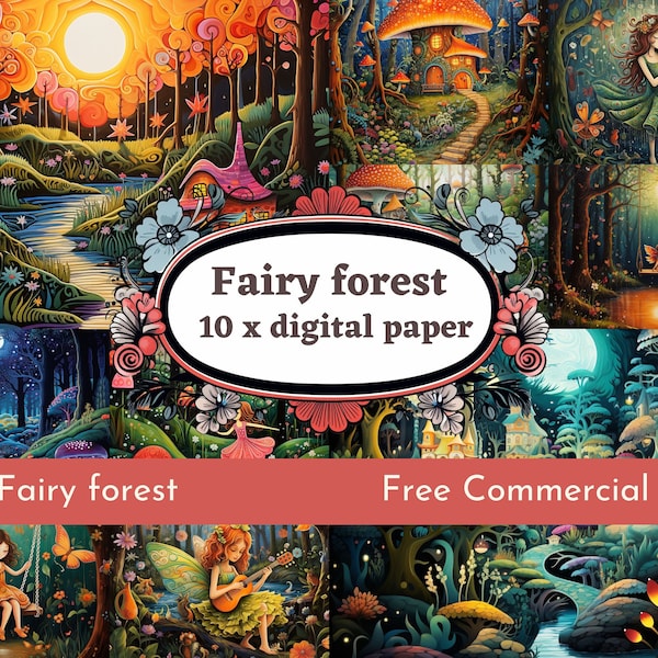 Fairy Forest Digital Paper, Magic Forest. PNG files scrapbook paper for free commercial use. Junk Journal Paper Crafts, instant download.