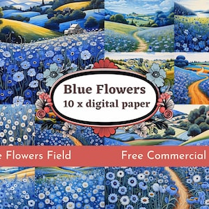 Blue flower field Digital Paper, Cornflower and wildflowers. PNG files scrapbook paper for free commercial use. Junk Journal Paper Crafts