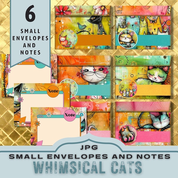 Whimsical Cats Printable Envelopes and Notes, Print and Cut Small Envelopes for Junk Journal, Tiny Envelopes, Coin Envelope JPG Download