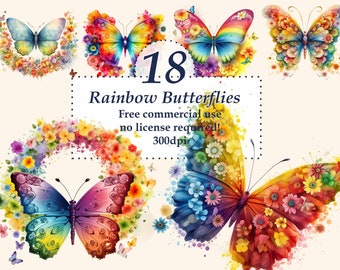 Watercolor Butterfly Clipart: Rainbow Floral PNG Bundle (Commercial Use)