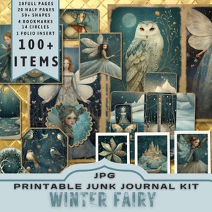 Kit diario spazzatura Winter Fairy, mezze pagine, pagine intere, cartoline, etichette, folio, fornitura di album, ATC, digitali, stampabile. Scarica JPG