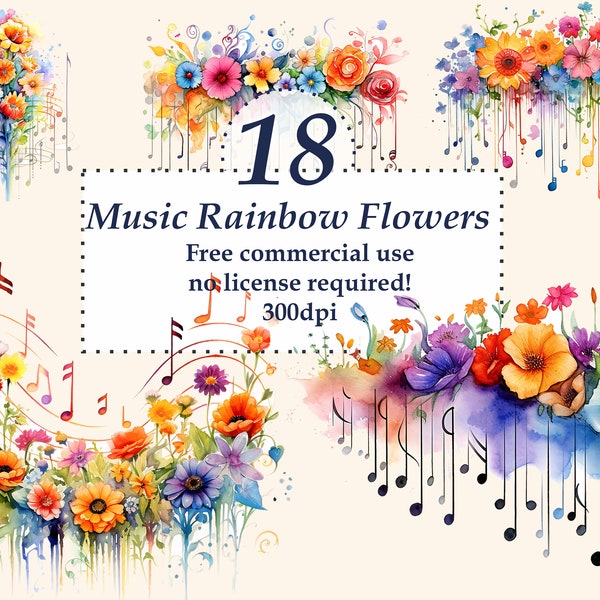 Music png files. watercolor Clip Art. Rainbow music clipart.  Music notes and rainbow. Free commercial use.