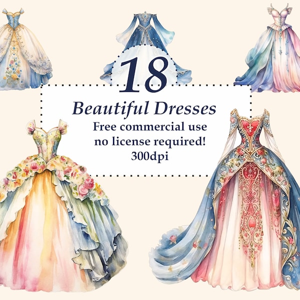 Fashion Clip Art. Ball gown clipart. Fashion Printables for Scrapbooking, Junk Journal Digital watercolor. Free commercial use.