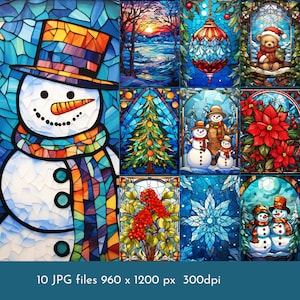 May include: A collage of ten stained glass images featuring winter holiday themes. The images include a snowman, a Christmas tree, a poinsettia, a snowflake, a snow globe, and snowmen. The images are all in a stained glass style with vibrant colors.