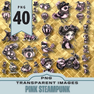 Clipart Steampunk. Futurista Vitoriano Rosa. PNG Fundo transparente para design gráfico, scrapbook, adesivos, sublimação. 300dpi.